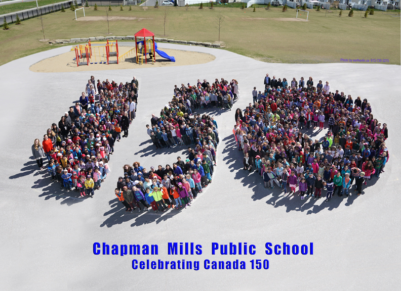 Picture of students from Chapman Mills Public  in the form of &quot;150&quot; to celebrate Canada turning 150 years old